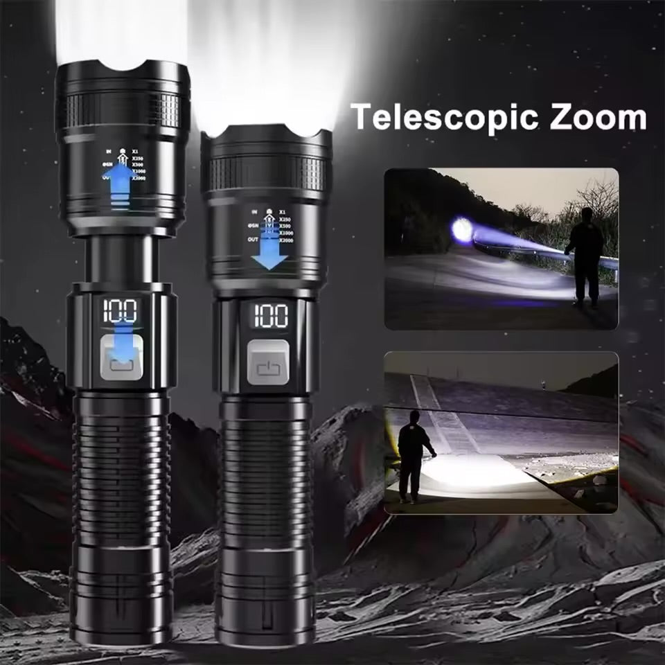 Latarka Taktyczna LED 300000LM – Zoom, USB, Wyświetlacz