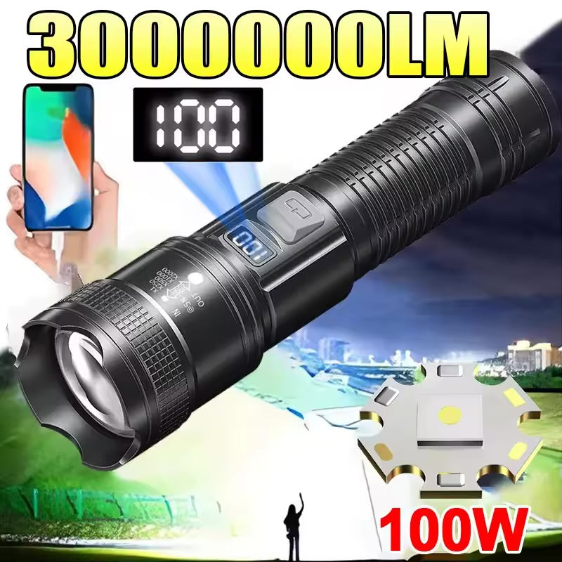 Latarka Taktyczna LED 300000LM – Zoom, USB, Wyświetlacz